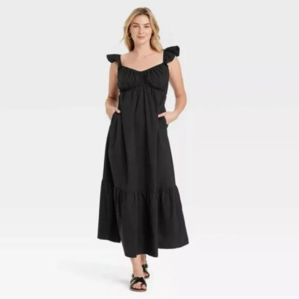 NWOT Universal Thread Dress Flutter Cap Sleeve Maxi A-Line Dress Black Size S
